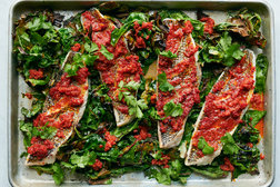 Image for Sheet-Pan Fish With Chard and Spicy Red-Pepper Relish