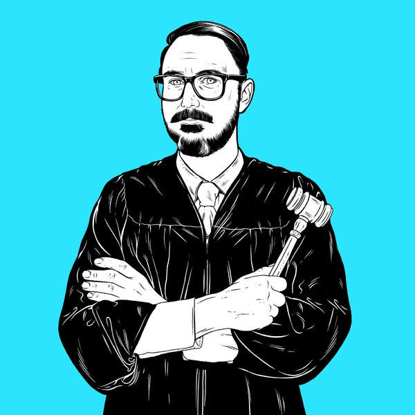 An illustration of John Hodgman in judges’ robes, holding a gavel.