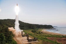 South Korea gave up its nuclear weapons program in the 1970s. This image, from 2017, shows the launch of its main ballistic missile, which can now target and reach all of North Korea.