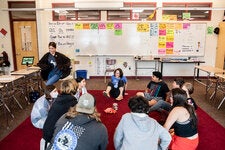 Catherine Elliot, a French teacher at W.E.B. Du Bois Regional Middle School in Great Barrington, Mass., leads her Crew class through a group activity.