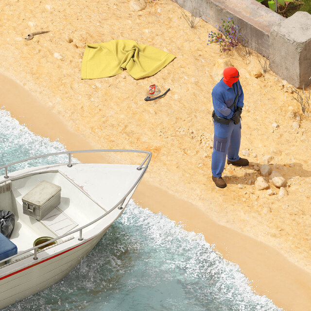 Illustration of a person standing on a beach in a blue uniform wearing a red head covering and sunglasses.