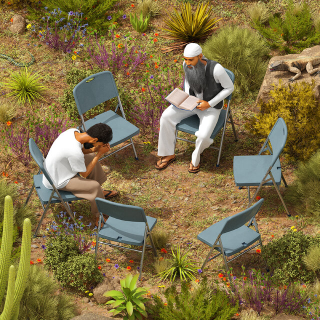 Two men sitting on folding chairs.