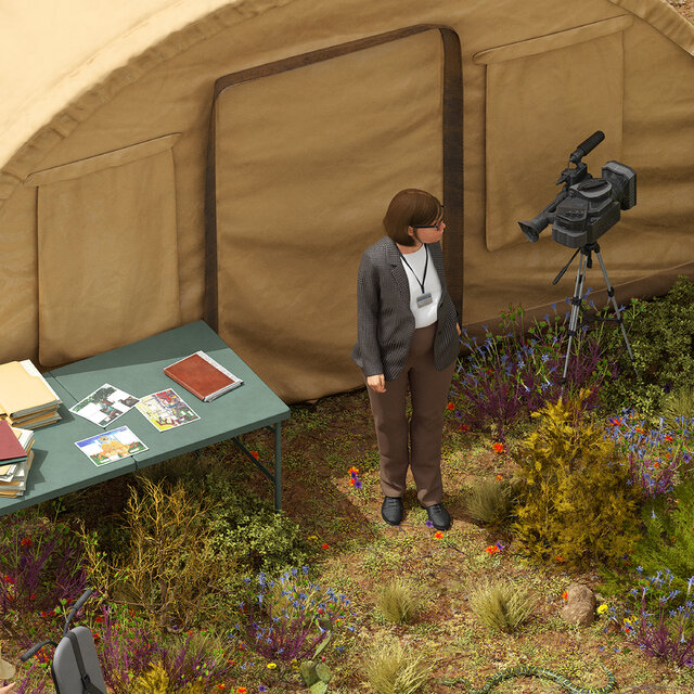 Woman in blazer standing near tent