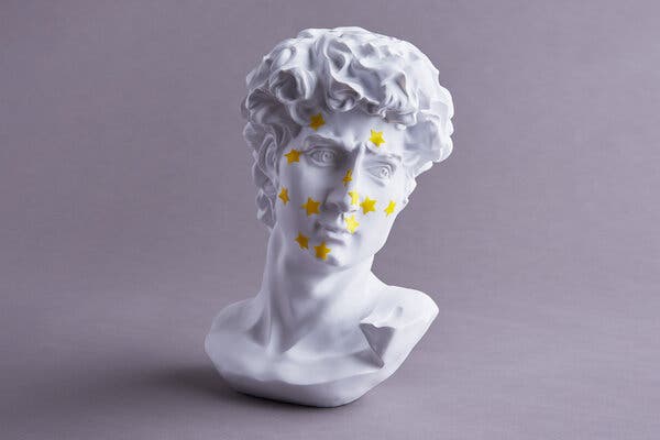 A photo illustration of a Greek bust of David against a soft violet background. David’s face is covered with yellow star pimple patches.