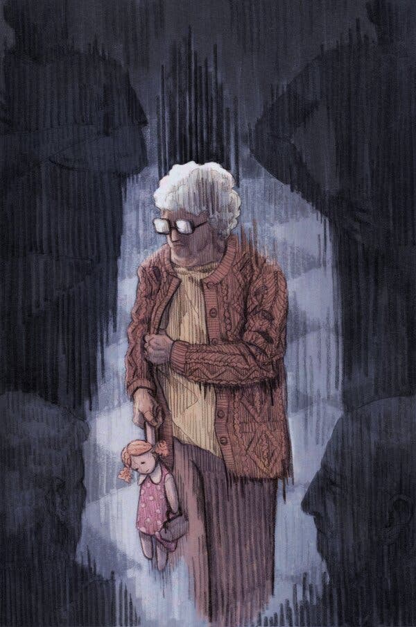 An illustration shows an older woman pulling a cardigan sweater around herself and clutching a doll as menacing figures lurk in shadows around her.