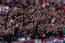 Members of the Carpathian Brigade, a Hungarian ultras group, at a match between Hungary and Switzerland during Euro 2024 this month. The group often echoes the rhetoric of their country’s prime minister, Viktor Orban.