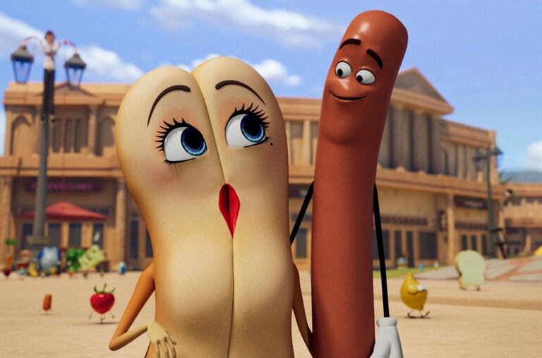 A scene from “Sausage Party: Foodtopia,” with Seth Rogen returning as the voice of Frank, a hot dog, alongside his girlfriend/bun Brenda (voiced by Kristen Wiig).