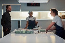 From left, Ebon Moss-Bachrach, Ayo Edebiri and Jeremy Allen White in the new season of “The Bear,” streaming on Hulu.