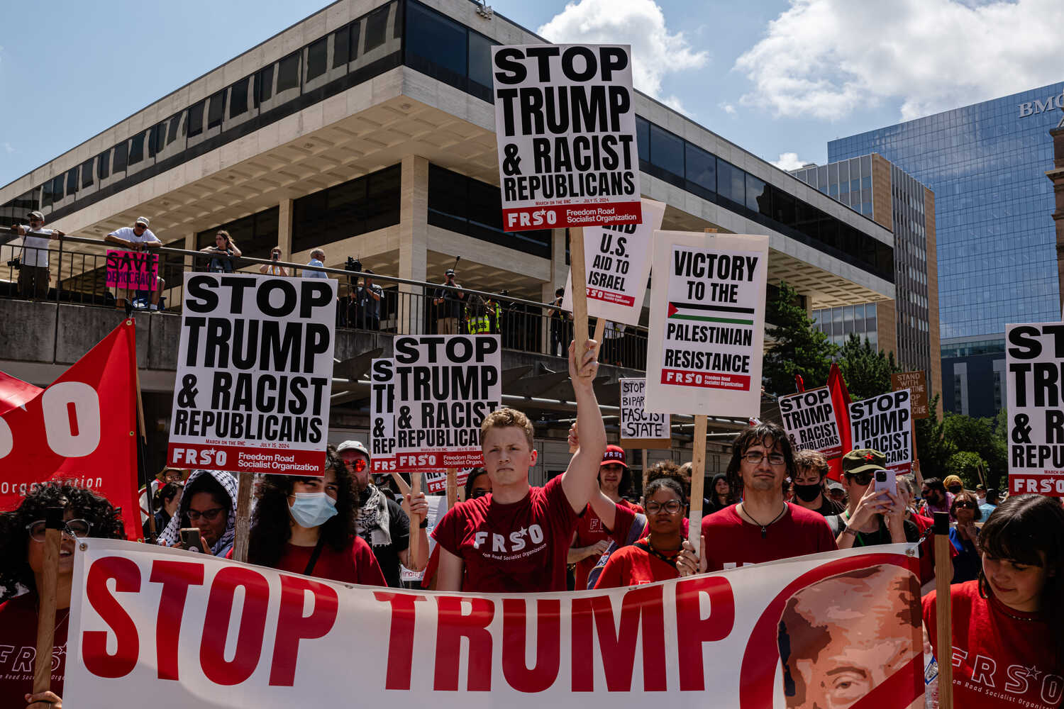 The hourslong rally and march drew demonstrators galvanized by a range of causes, including Palestinian rights, police reform and L.G.B.T.Q. rights, as well as general fear about the country’s future in a second Trump administration.