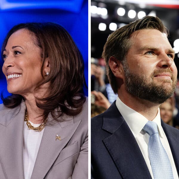 Kamala Harris, left, and J.D. Vance, right, both smiling. 