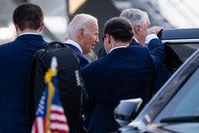 President Biden arriving in Nevada on Monday, at the beginning of a campaign trip he cut short after testing positive for Covid.