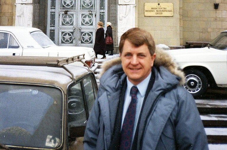 Dr. Neff outside the Russian Ministry of Foreign Affairs building in Moscow in 1991. His opinion piece in The New York Times calling for the U.S. to buy Soviet nuclear arms before they fell into unfriendly hands was published two months earlier.