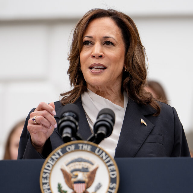 Kamala Harris is standing at a podium with a crowd of people behind her.