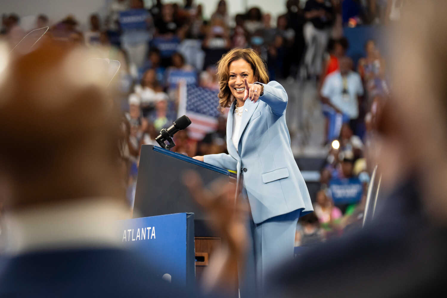 Vice President Kamala Harris rallied on Tuesday night before a large, energetic crowd in Atlanta. “The momentum in this race is shifting,” she said.