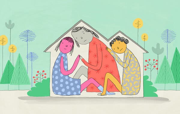 An illustration of three women huddled together, filling a house.