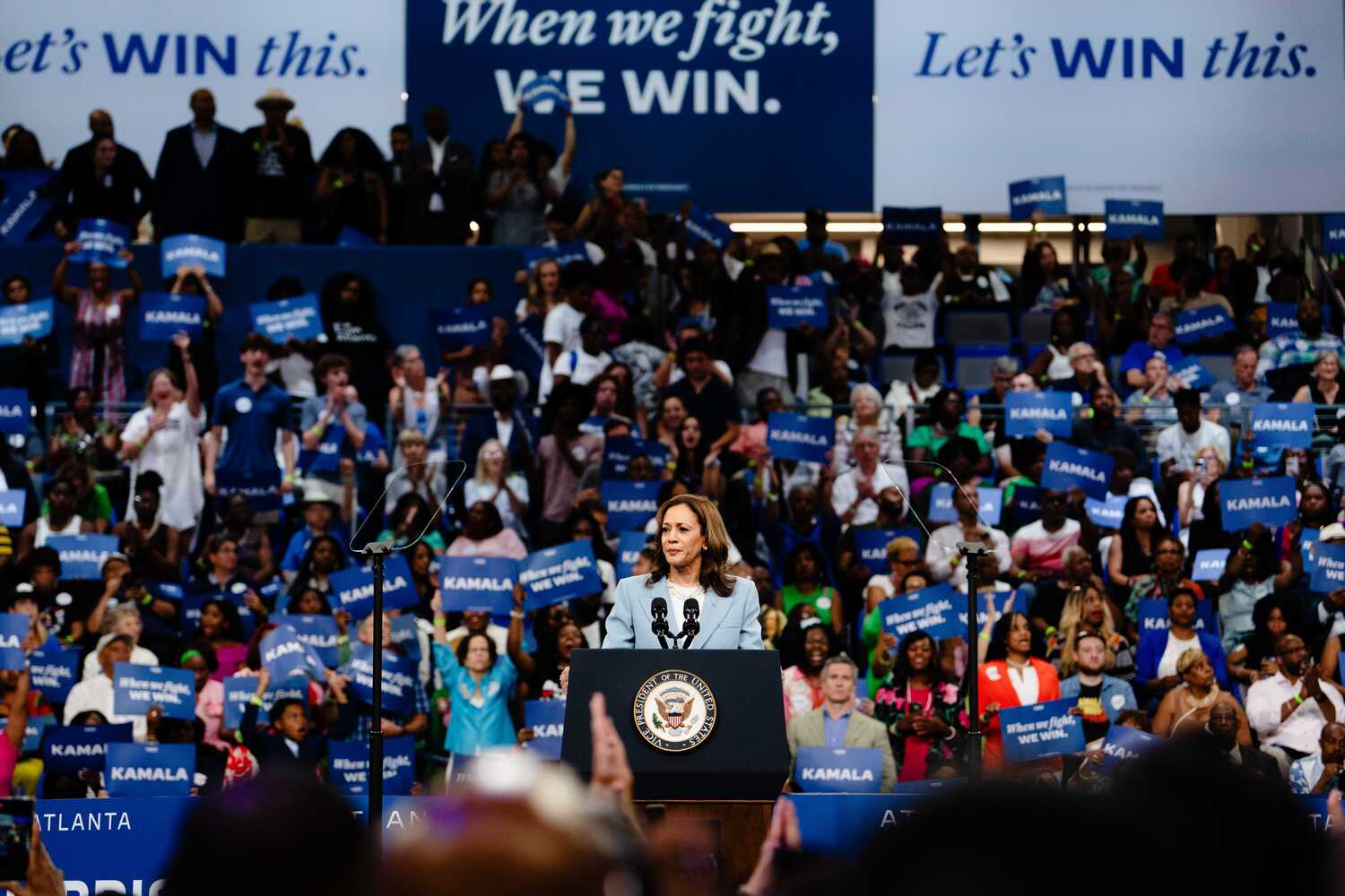 Vice President Kamala Harris at a campaign rally in Atlanta late last month. She has had a far shorter timeline than most presidential candidates to choose a running mate. 