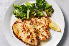 Eric Kim’s spiedie chicken breasts with buttered broccoli.