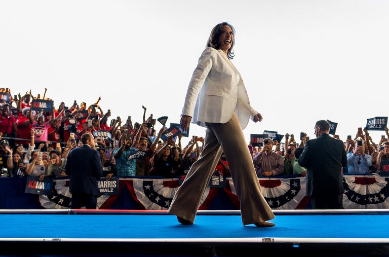 Kamala Harris leads by four points each in Michigan, Wisconsin and Pennsylvania.