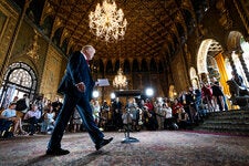 Former President Donald Trump at his Mar-a-Lago Club on Thursday. In an hourlong exchange with reporters, he insulted Vice President Kamala Harris and boasted about the size of his rallies.