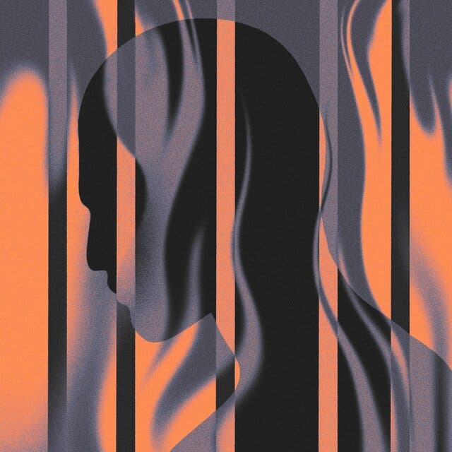 An illustration of a person behind bars as flames swirl.