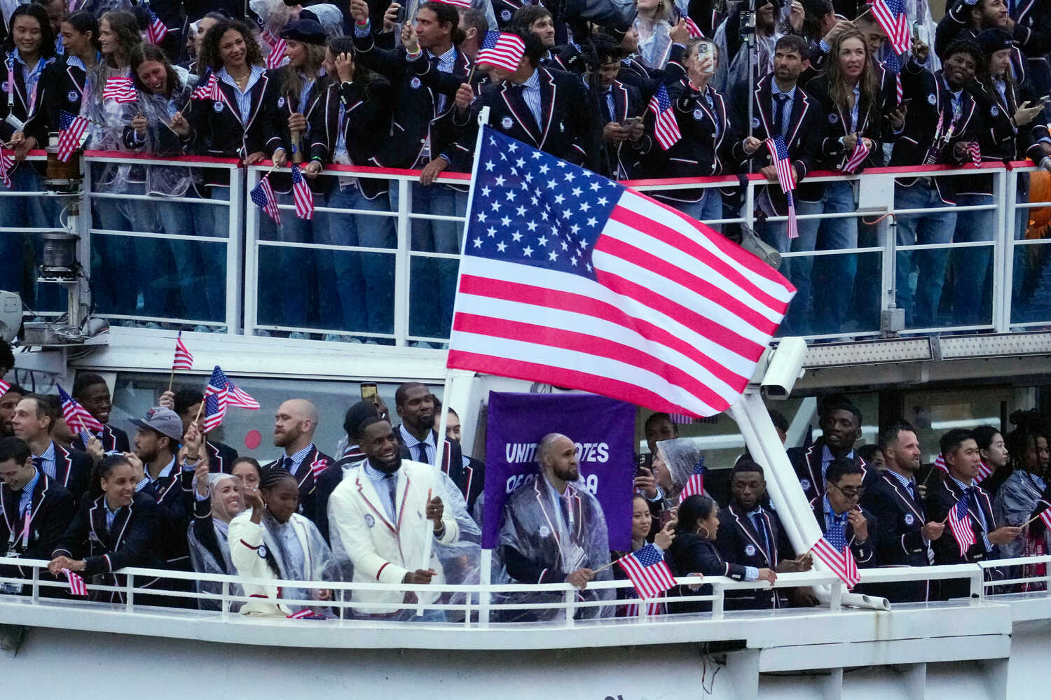 The U.S. Olympic team at the opening ceremony. The Americans won the medal count — by most measures.