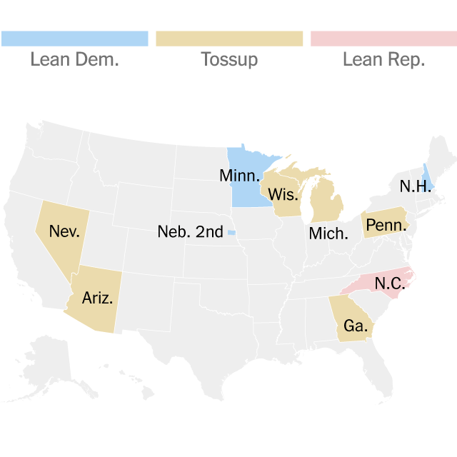 Map highlighting the most competitive states and districts in the presidential race, including Minnesota, Nebraska’s 2nd congressional district, New Hampshire, Michigan, Pennsylvania, Wisconsin, Georgia, Arizona, Nevada and North Carolina.