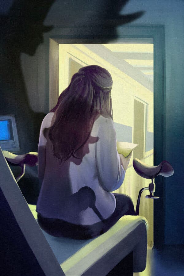 An illustration of a seated woman, her back to the view, in a gynecology office and reading in her hand.