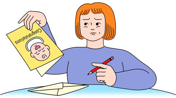 An illustration of a person warily holding a congratulations card with a picture of a crying baby on the front.