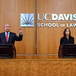 Steve Cooley, left, then the district attorney of Los Angeles County, and Kamala Harris at a debate during their race for California attorney general in 2010.