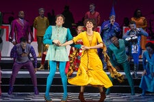 Michael Urie, center left, as Prince Dauntless and Sutton Foster as Princess Winnifred in the family-friendly musical “Once Upon a Mattress” at the Hudson Theater.