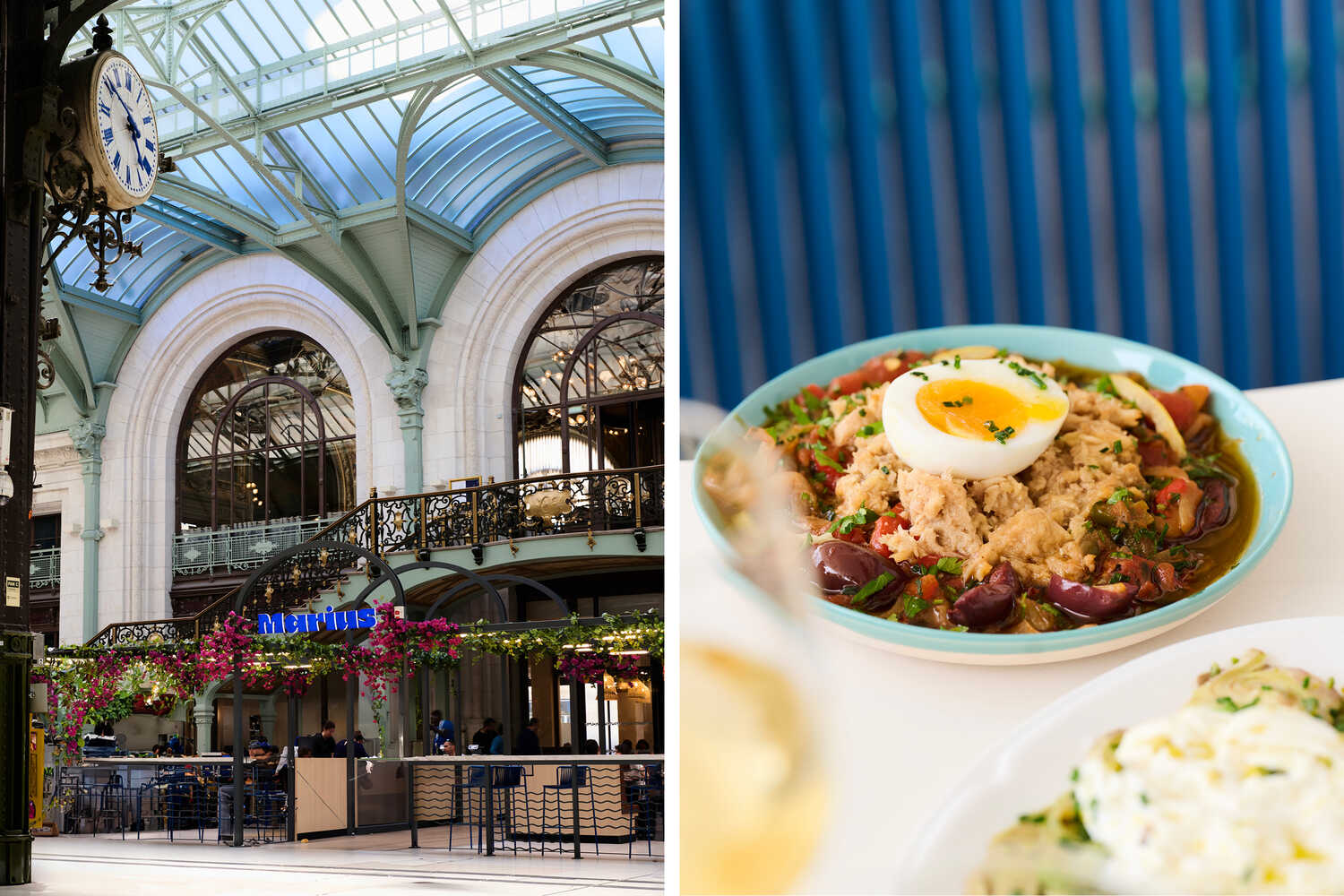 Left: Marius, a new Mediterranean brasserie at the Gare de Lyon in Paris. Right: the restaurant’s shakshuka.