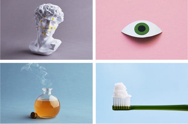 A grid of four illustrations showing: a Greek bust with small yellow stickers on its face; a cut-paper eye with a shadow underneath; a potion bottle with apple cider vinegar in it and smoke coming out; and a toothbrush with coconut oil on its bristles. 