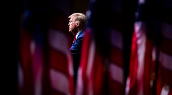 Donald J. Trump looking out and standing between rows of U.S. flags.