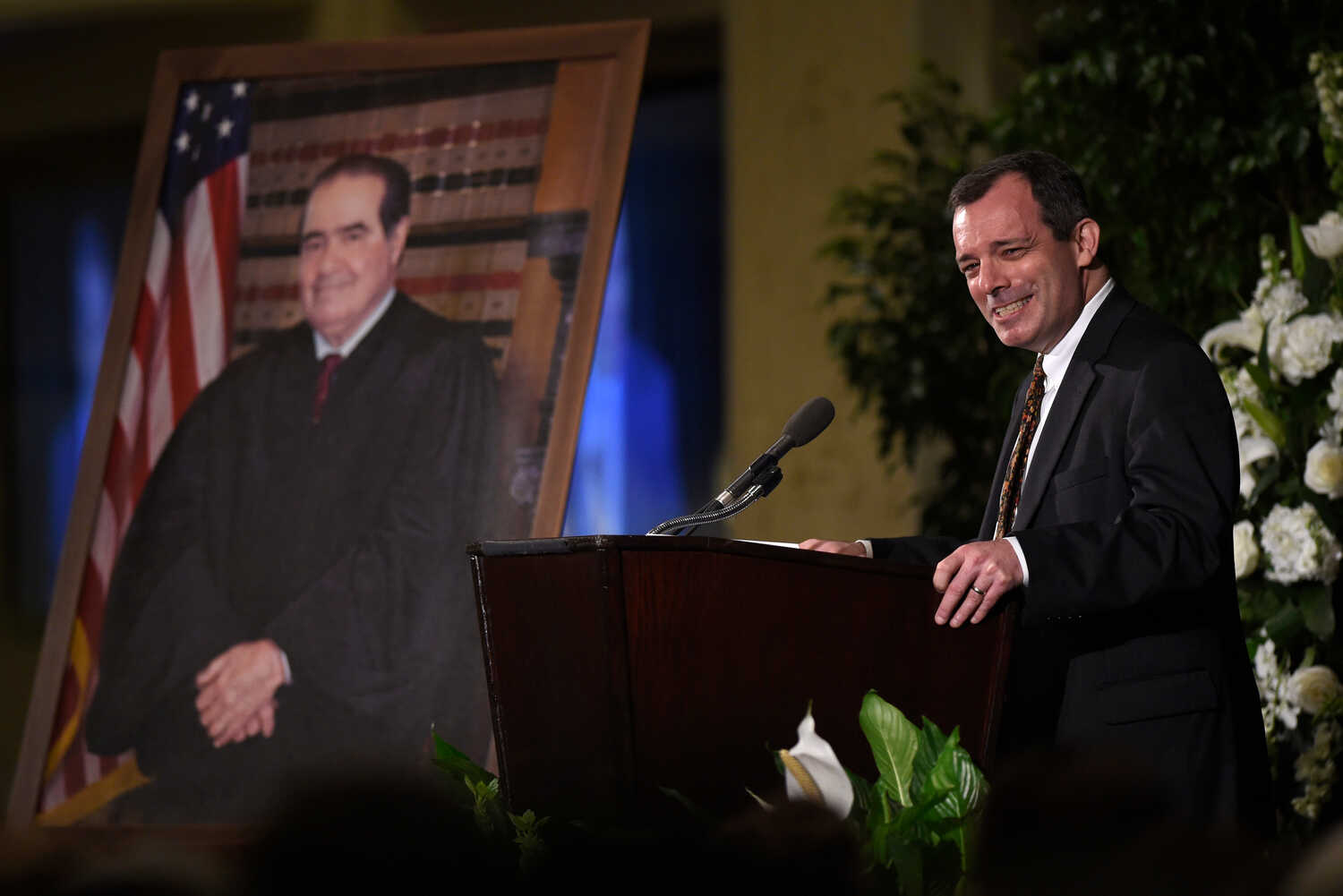 John F. Manning speaking at a memorial service in 2016 for the Supreme Court justice Antonin Scalia. Mr. Manning clerked for Justice Scalia in the 1980s.