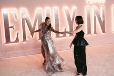 Ashley Park and Lily Collins at the Egyptian Theater in Hollywood for the season premiere of the series. 