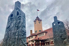 “Acts of Intolerance,” by the artist Preston Jackson, represents charred chimneys rising from smoldering rubble. It marks the centennial of the 1908 race riot in Springfield, Ill.