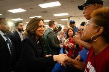 Vice President Kamala Harris greeted supporters at a U.A.W. union hall in Wayne, Mich., last week.