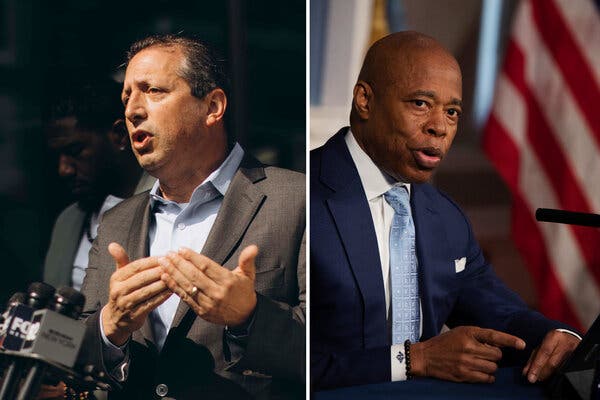 A diptych showing Mayor Eric Adams, right, and Brad Lander, the city comptroller, left, talking into microphones.