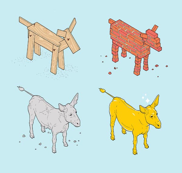 An illustration of four donkeys made out of wood, bricks and metal.