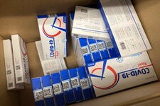 A box of home COVID-19 testing kits, in New York.