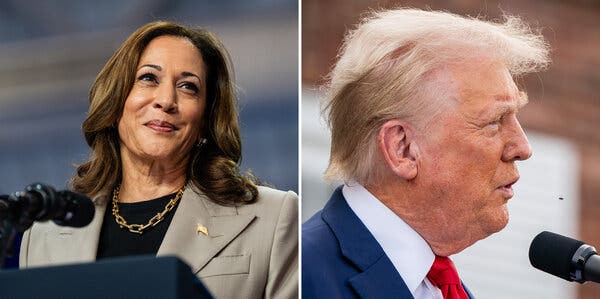 A photo at left shows Kamala Harris at a lectern, smiling at an unseen audience. A photo at right shows Donald Trump at a microphone, speaking.