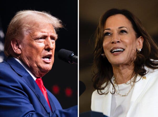 A split frame of Donald Trump and Kamala Harris. He is wearing a dark blue suit with a red tie, and she is wearing a white blazer with a white top.