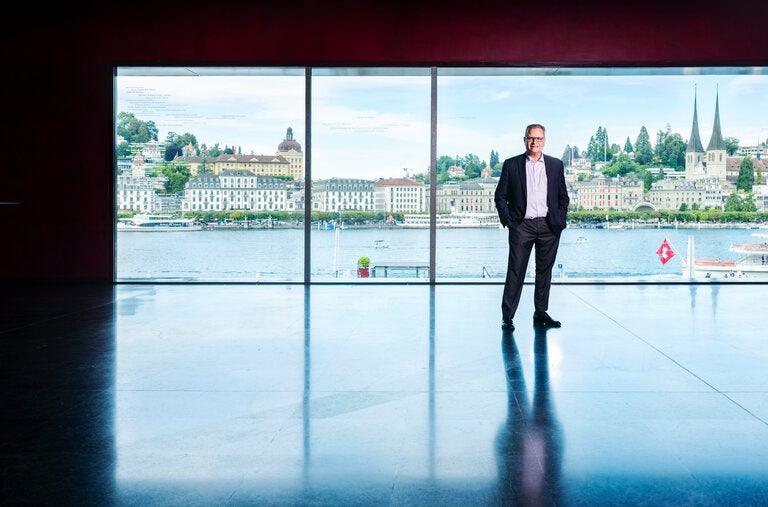 Michael Haefliger, the director of the Lucerne Festival, at the KKL concert hall in Lucerne, designed by Jean Nouvel. Haefliger is stepping down after the 2025 festival.