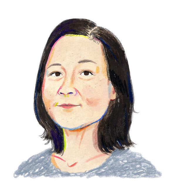 An illustration of Yoko Ogawa shows a middle-aged Japanese woman with black shoulder-length hair, wearing a gray blouse.