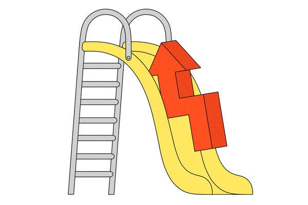 An illustration of a yellow slide with a red arrow sliding down.