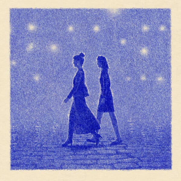 An illustration in shades of blue shows two women walking side by side on a cobblestone street at night.