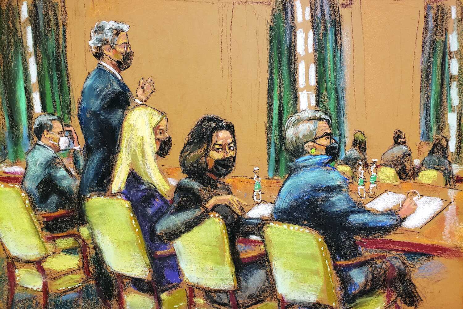 Ghislaine Maxwell, seated second from right, was convicted of sex trafficking in 2021 after a monthlong trial in U.S. District Court in Manhattan.