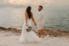 Elena Marrone Filarecki, left, knew she wanted all the men (including her groom, Brent Filarecki) to wear shorts at her wedding in the Florida Keys. 