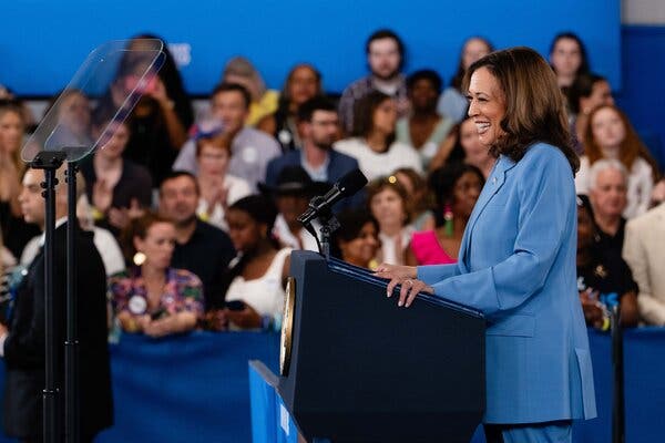 Kamala Harris speaks at a podium. 