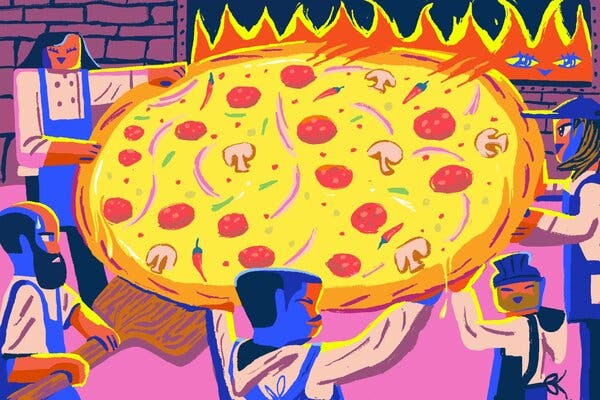 An illustration of five people putting a giant pizza into a pizza oven.